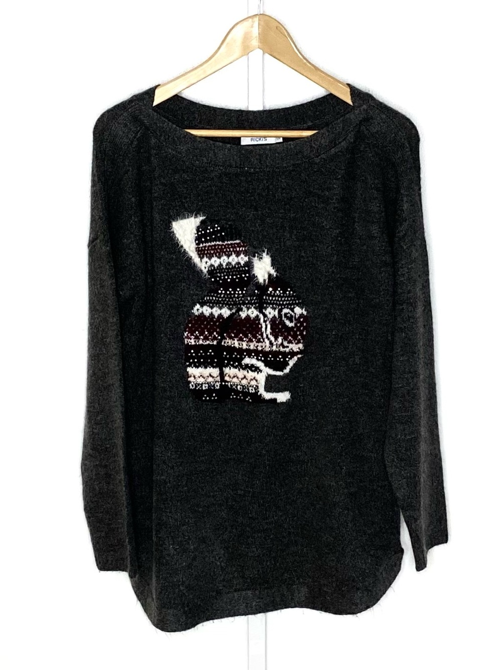 Ricki’s | Charcoal Grey/Burgundy/White Fuzzy Fair Isle Squirrel Sweater Sz Large